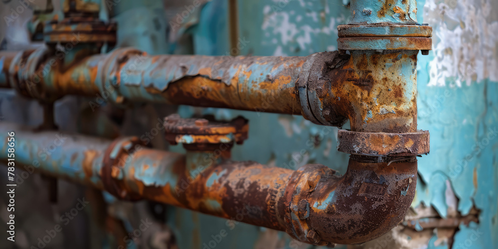 Close-up Old dirty rusty pipes in an apartment. Renovation of dilapidated housing, replacement of plumbing and pipes. 