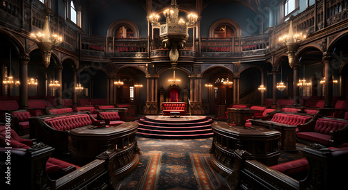 View of dramatic events and a calm atmosphere in an empty room of parliament