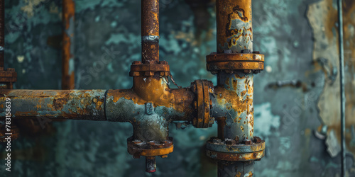 Close-up Old rusty pipes in an apartment. Renovation of dilapidated housing, replacement of plumbing and pipes. 