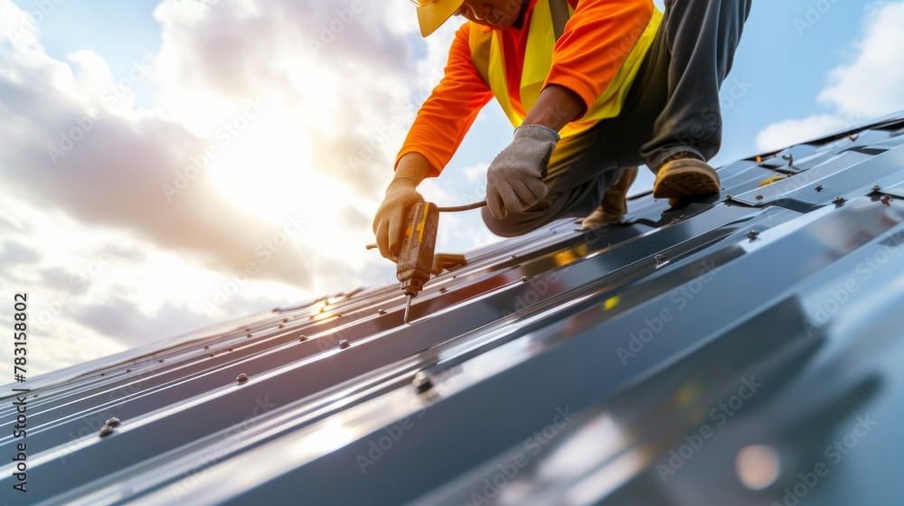 Construction engineer wear safety uniform inspection metal roofing work for roof industrial concept with copy space Construction engineer wear safety uniform inspection metal roofing work for roof industrial concept with copy space