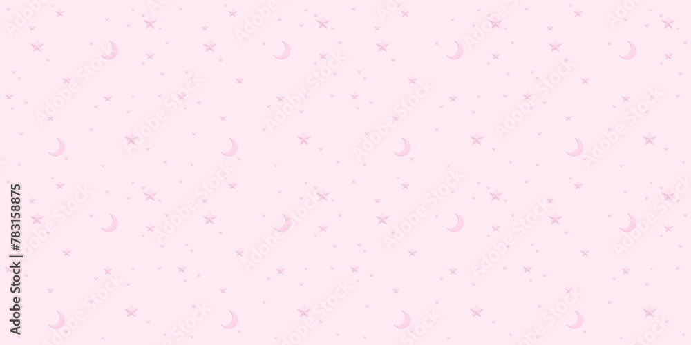 A seamless pastel pink background with a lovely pattern of pink stars and moons of various sizes.	