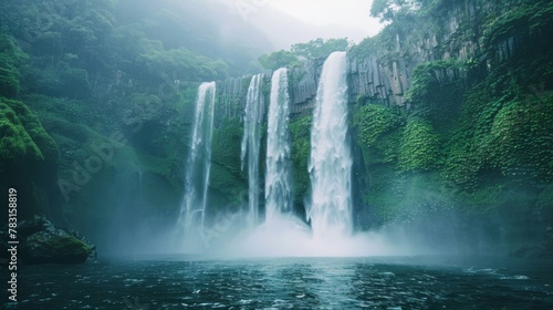 A powerful waterfall cascading down into a body of water, creating ripples and splashes. The surrounding area is lush with greenery, enhancing the natural beauty of the scene. photo