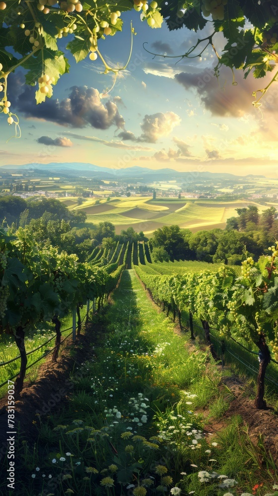 Fototapeta premium A beautiful landscape with a vineyard and a cloudy sky