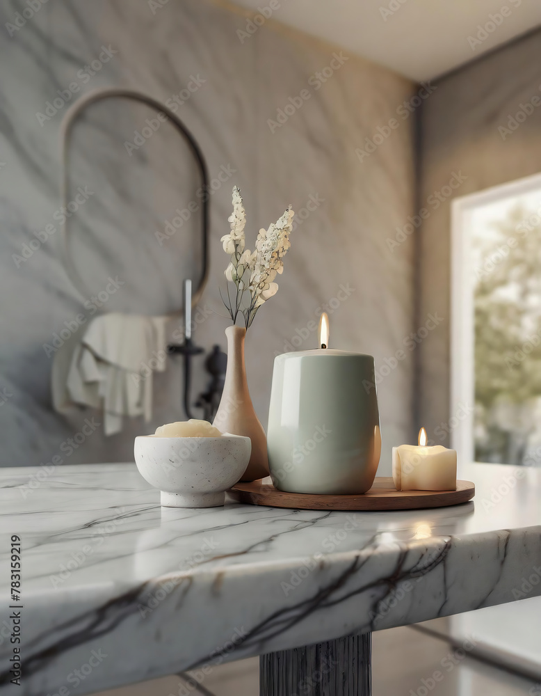 Luxury bathroom interior with bathtub, soap dispenser candles and flowers. Mock up, 3D Rendering
