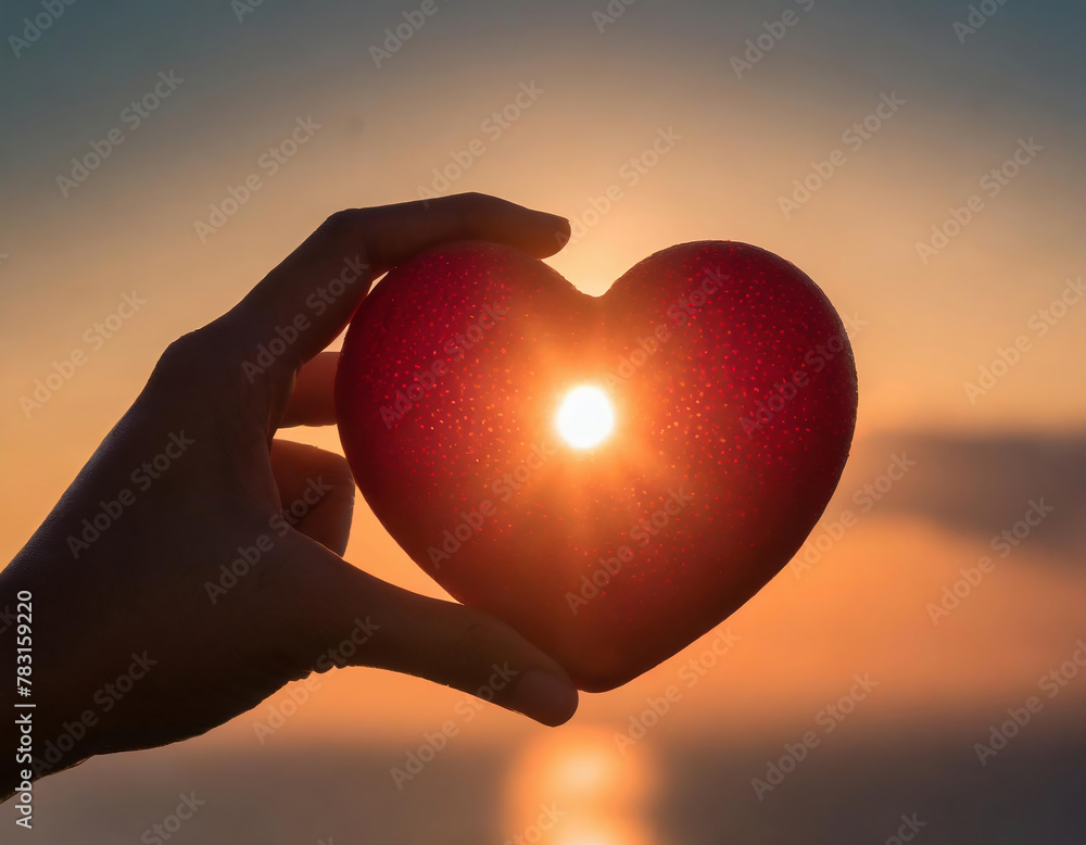 Fototapeta premium Woman hand holding a red heart with sunset background. Love concept.