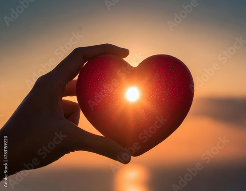 Woman hand holding a red heart with sunset background. Love concept.