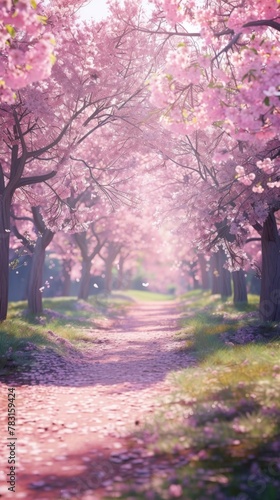 A dirt road meanders through a forest, lined with trees bearing pink flowers. The scene captures the beauty of nature in bloom during springtime.