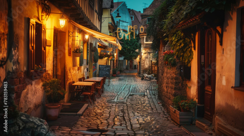 An old tavern on an old narrow paved street in a lovely old town in the evening © Adrian Grosu