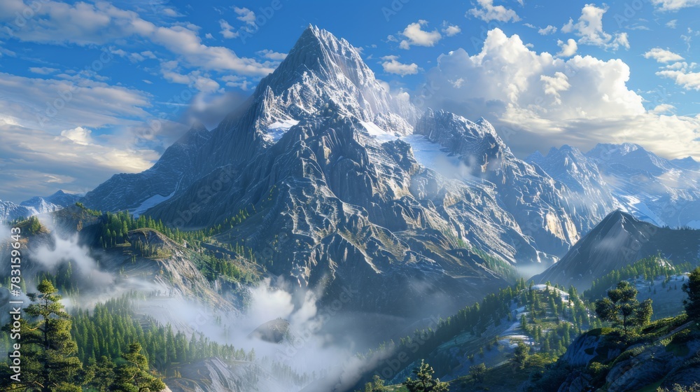 A detailed painting showcasing a majestic mountain surrounded by fluffy clouds and lush green trees. The artist skillfully captures the serene beauty of nature in this picturesque landscape.