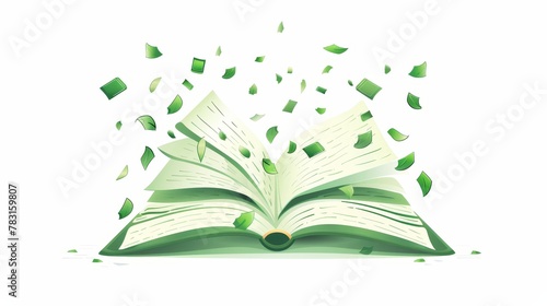 Flying school paper book modern illustration isolated on white background. Publish novel story with green cover after imagination wind in bookstore. Education dream design with clean text space.