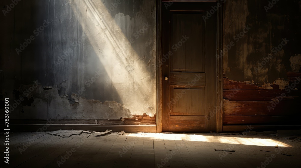 weathered open door with light - obrazy, fototapety, plakaty 