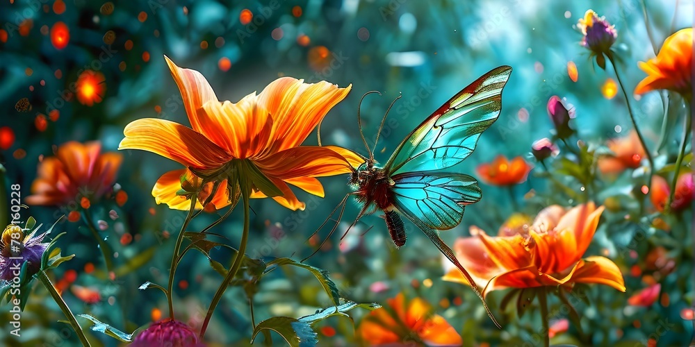 digitally crafted garden with flowers and insects