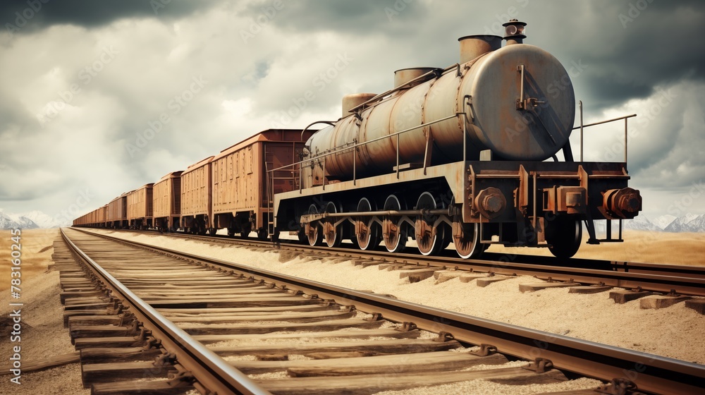 Naklejka premium Classic rail transport powered by diesel fuel efficiently moves people and goods along established tracks, maintaining a crucial role in transportation. 