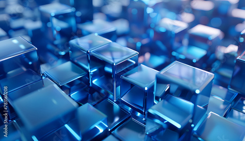 Abstract blue cubes background from cubes. Wall of a glass cube. Abstract geometric technology background