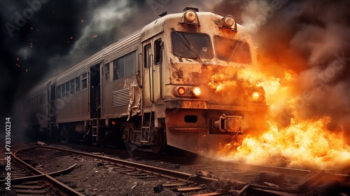 The locomotive of the train is engulfed in flames, spreading uncontrollably throughout its entirety.
