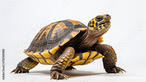 Portrait of a Yellow and Brown Turtle on White Background. Generative AI