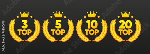 Top 3, 5, 10 and 20 Rating Chart. Best in the ranking. Winner in the category. Collection of badges. Vector illustration.