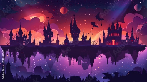 A mysterious floating island, a fantasy sky road leading to a magical castle on a nighttime background. Medieval kingdom fairytale landscape illustration at night. Halloween fort silhouette with