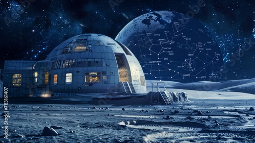Fototapeta Naklejka Na Ścianę i Meble -  An artists interpretation of a space station built on the moons surface, showcasing intricate architecture and advanced technology for human habitation and research in space exploration.