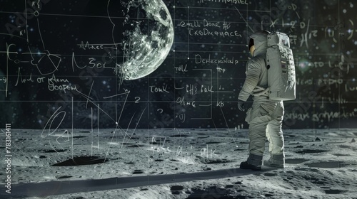 A man stands on the moon, surrounded by a desolate lunar landscape. The surface of the moon is marked with mysterious writing, adding an intriguing element to the scene. photo