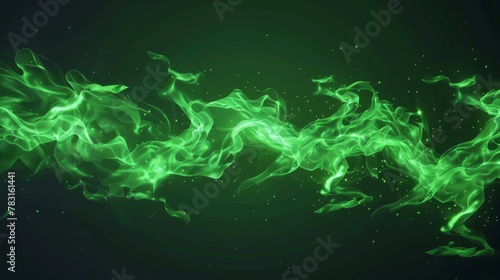 The green realistic toxic smoke cloud wave with light isolated modern. The chemical dynamic smog curve line graphic concept. Abstract flying watercolour spray texture environment with dust and