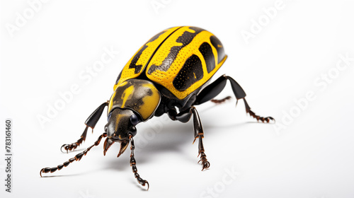 Vivid Yellow and Black Patterned Beetle on White. Generative AI
