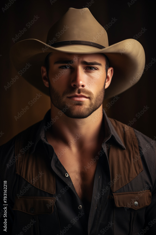 Handsome male cowboy with beard and hat looking at camera Handsome male cowboy with beard and hat looking at camera