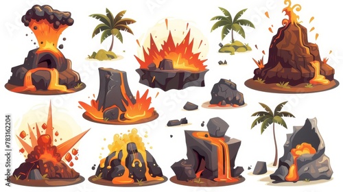 Isolated icon set of rocks exploding with magma, volcano mountain eruption cartoon illustration. Lava erupt clipart drawing on island. Boulder png element collection for adventure landscapes.