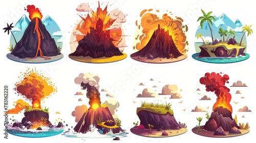 Cartoon illustration of volcano erupting. Images of lava exploding on an island. Boulder element collection for adventure landscapes.