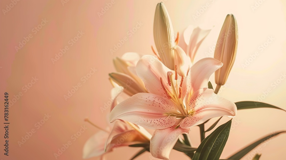 Fototapeta premium Beautiful blooming lily flower minimalist fantasy background, A bouquet of lilies in a vase in daylight, fresh light pink yellow white color lily flower poster nature background,