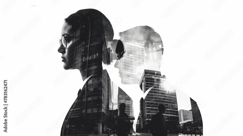 Double Exposure of Business Men and Women Silhouettes with City Buildings, White Background - professional team, modern workspace, corporate art. Double Exposure of Business Men and Women Silhouettes with City Buildings, White Background - professional team, modern workspace, corporate art.