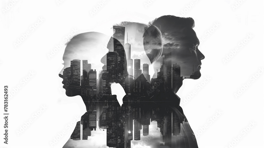 Double Exposure of Business Men and Women Silhouettes with City Buildings, White Background - professional team, modern workspace, corporate art. Double Exposure of Business Men and Women Silhouettes with City Buildings, White Background - professional team, modern workspace, corporate art.