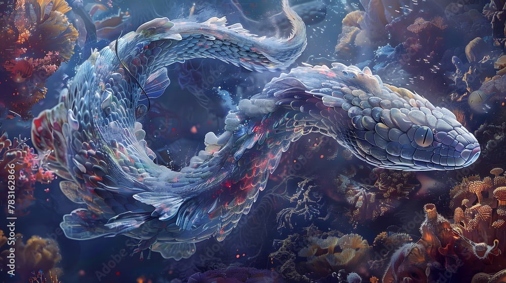 An underwater serpent is swimming in the sea among corals.