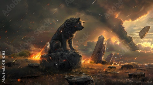 Image of the destruction of the faithful dog statue in the midst of a meteor shower disaster.