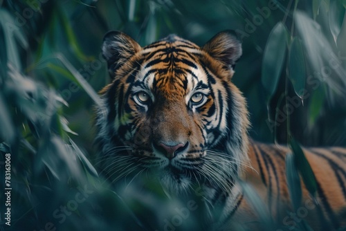 Portrait von einem Tiger in einem Gebüsch, in seinem natürlichen Lebensraum 