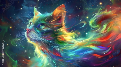A cat staring at the stars with its colorful fur swaying in the gentle breeze.