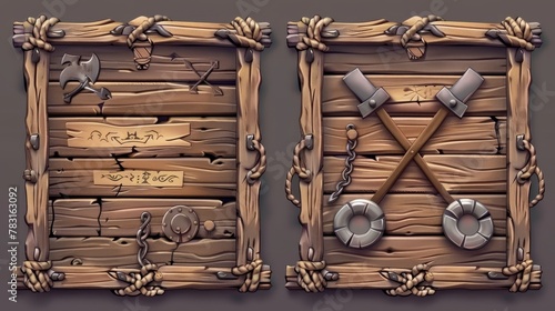 Modern pirate UI game frame and board buttons with wood texture. A round metal web plank for a medieval mobile app. A brown fantasy plate kit. photo