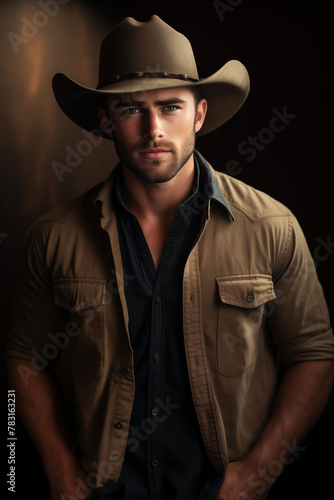 Handsome male cowboy with beard and hat looking at camera
