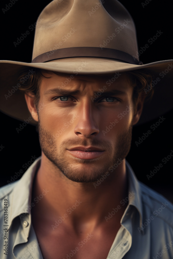 Handsome male cowboy with beard and hat looking at camera Handsome male cowboy with beard and hat looking at camera