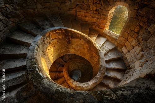 A spiral staircase made of stone with a window in the middle photo