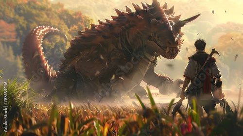 A dinosaur and a dragon, both green and fierce, lurk in the grassy landscape photo