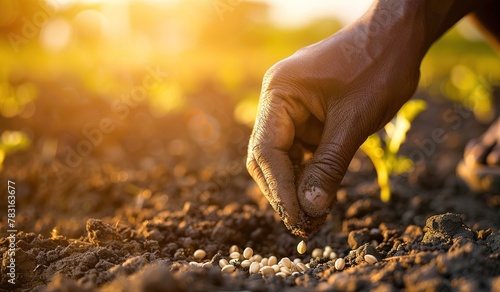 Ensuring growth: close-up of a farmer planting seeds in fertile soil under sunlight