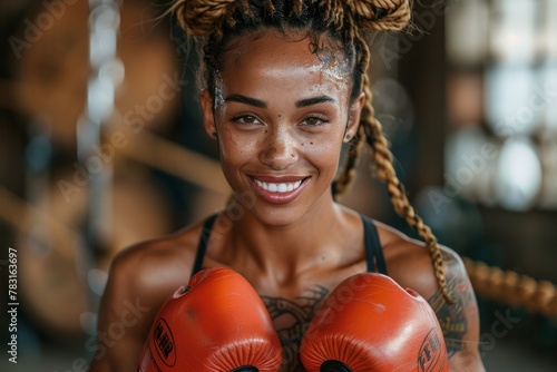 Smiling boxer ready for training with red gloves