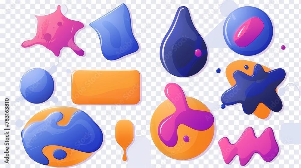 Color abstract shapes isolated on transparent background. Modern illustration of glossy blobs, paint splashes, and fluid brushes in Memphis style.