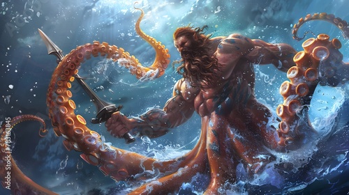 A gigantic half-human, half-octopus creature wielding a long sword rose above the waters of the ocean. photo