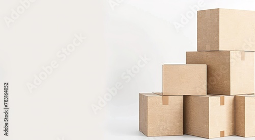 Neatly arranged stack of brown cardboard boxes of different sizes on a clean white background, illustrating the concepts of moving, storage and delivery © Яна Деменишина