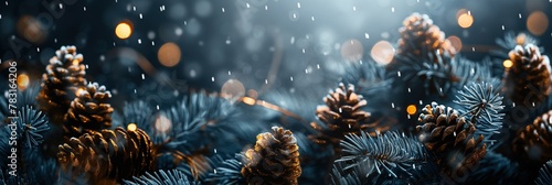Snow-covered pinecones and blue spruce branches with bokeh lights in a winter setting