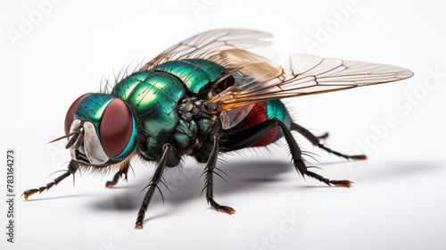 Extreme Close-Up of a Green Bottle Fly on White. Generative AI