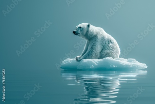 Polar bear on a small ice floe in vast ocean, minimalist, clear background for text, climate change icon