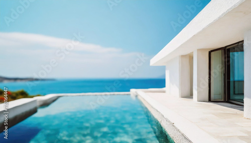 modern white mediterranean house over turquoise sea and blue sky, Architectural detail © anandart